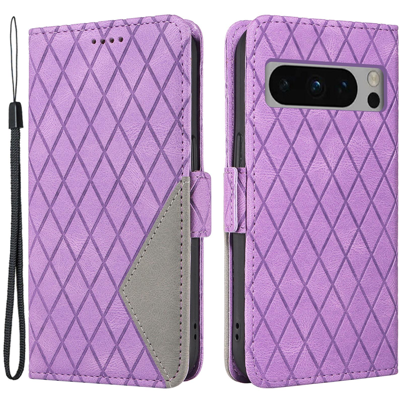 

Для Google Pixel 8 Pro Ромбовидный оттиск Чехол для телефона Подставка Кожаный чехол-кошелек для телефона Purple