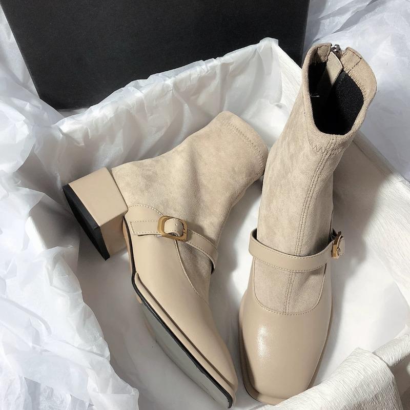 Fashion Elastic Boots Women Cow Suede Short Ankle Boots Female Spring Autumn Elegant Boots Stretch Slim Mixed Color Chunky Heel Boots 40