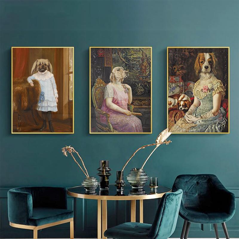 Vintage Classy Dog Impersonate Wall Art Posters Prints Animal Wearing Coat Canvas Painting Wall Picture for Living Room Decor