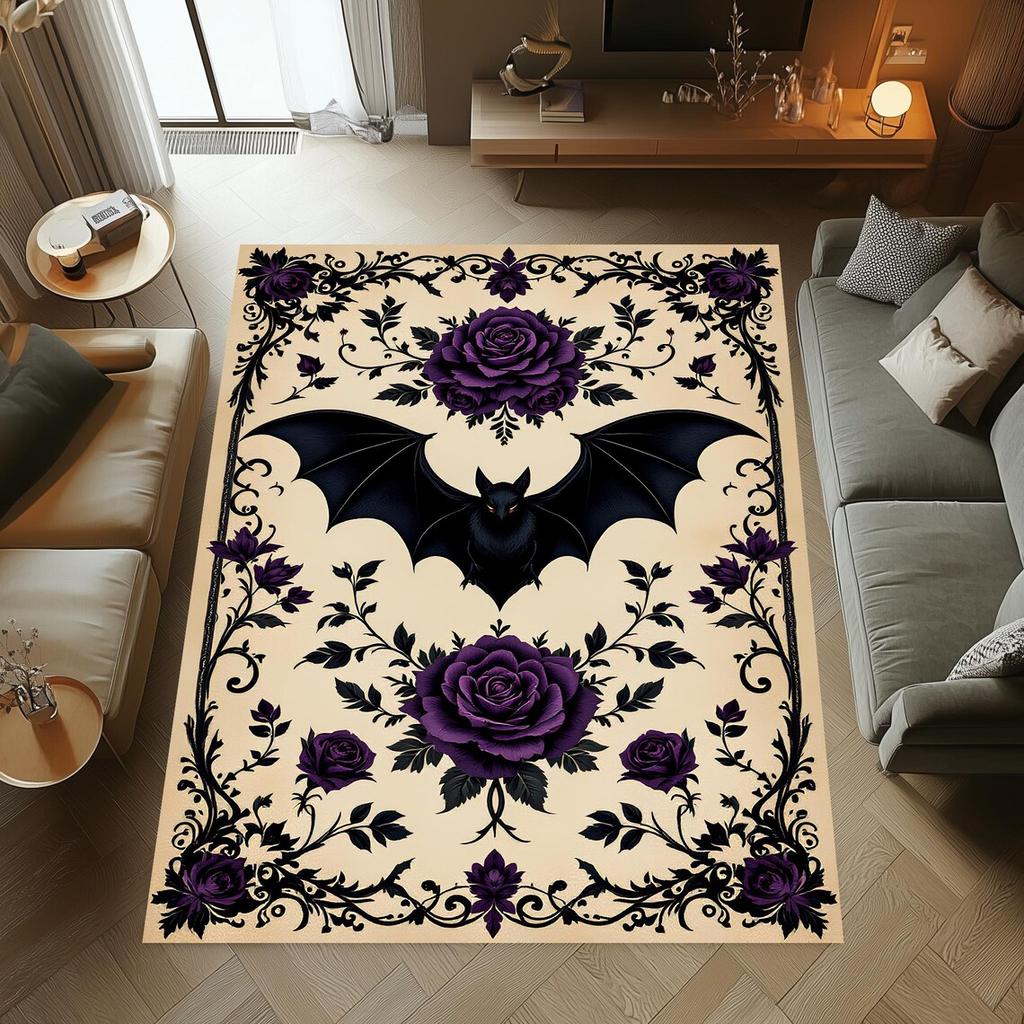 Bat Gothic Rug, Dark Academia Style Floor Rug, Mystical Home Carpet with Bat Design Decor, Halloween Witch Room Floor Mat