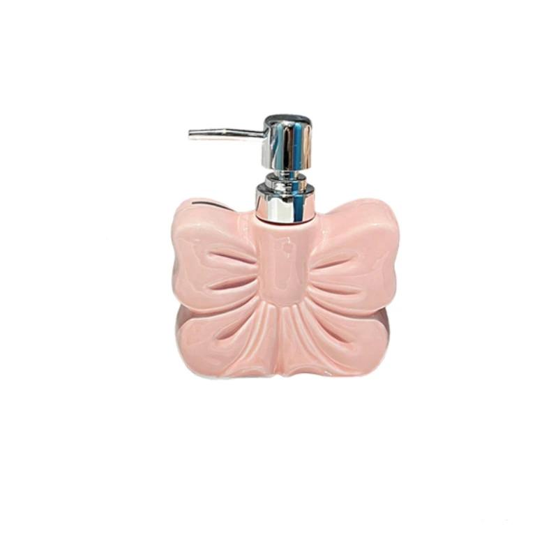 1pc, Ceramics Bowknot Lotion Press Bottle, Household Bathroom Shower Gel Bottle, Plastic Pump Head, Bathroom Liquid Dispenser