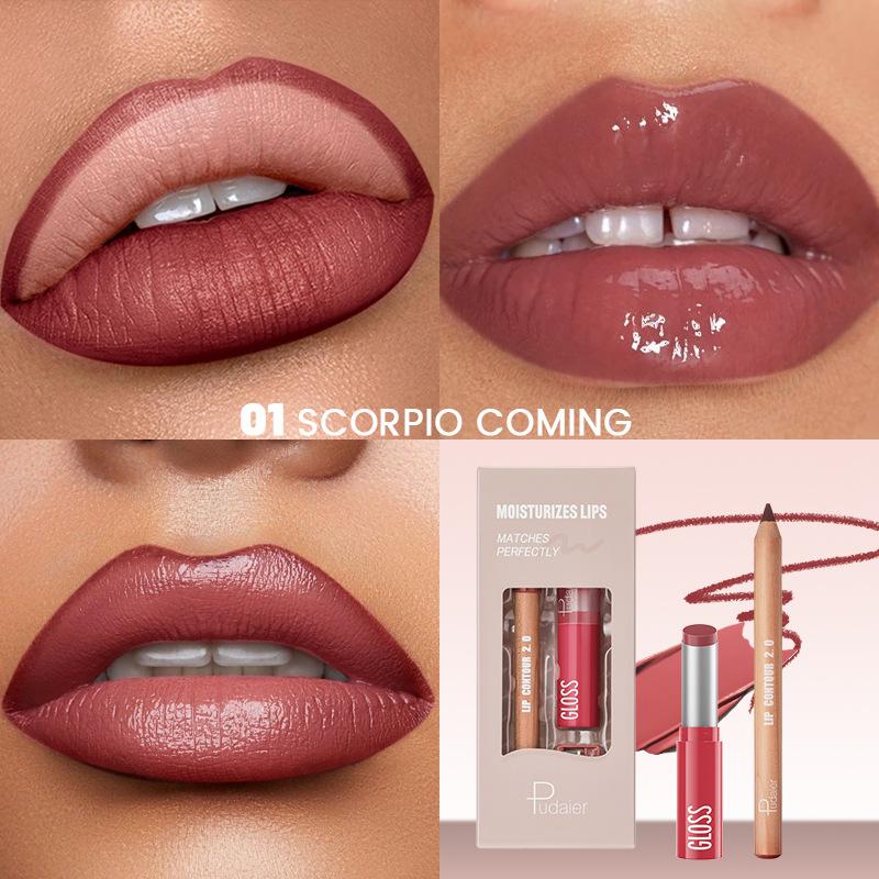 2 ks Sady kombinací tužky na rty, lesku na rty a rtěnky, efekt vodního světla s vysokým leskem, lesklá želé pevná rtěnka a matná konturovací tužka na rty pro konturovací make-up