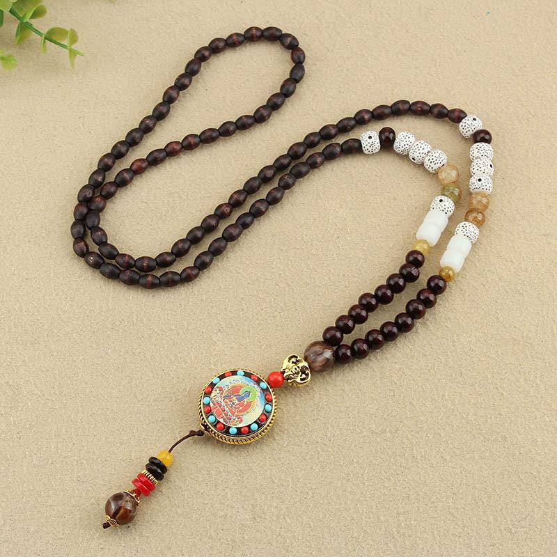 Handmade Nepal Buddhist Mala Bead Pendant Necklace Ethnic Wooden Jewelry Gifts for Women