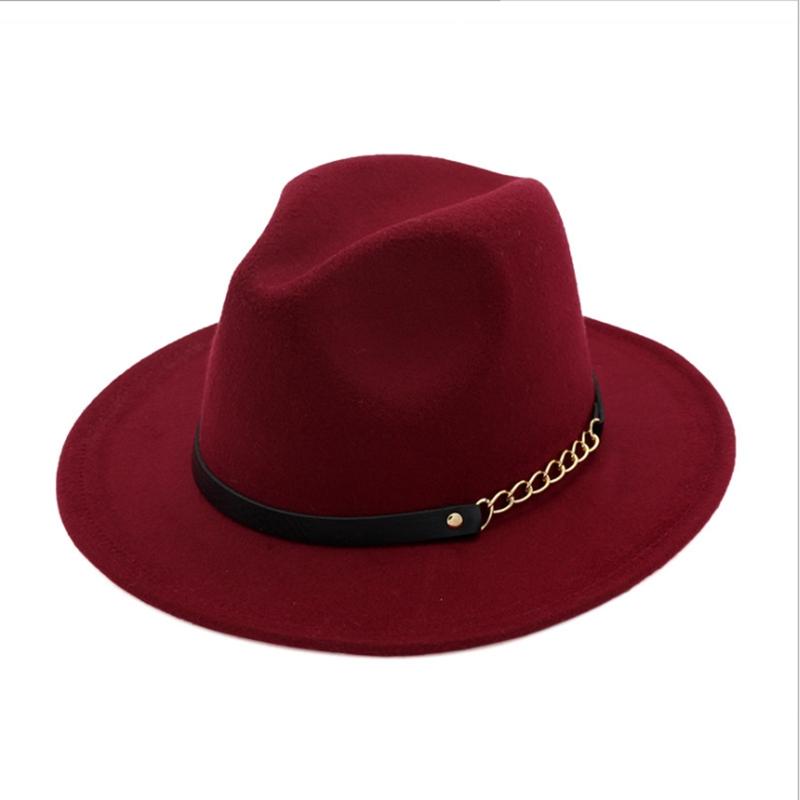 Wzcx Solid Color Korean Version Women Jazz Hat Autumn Winter Casual Tide Belt Vintage Red Felt Hat Adult Cap