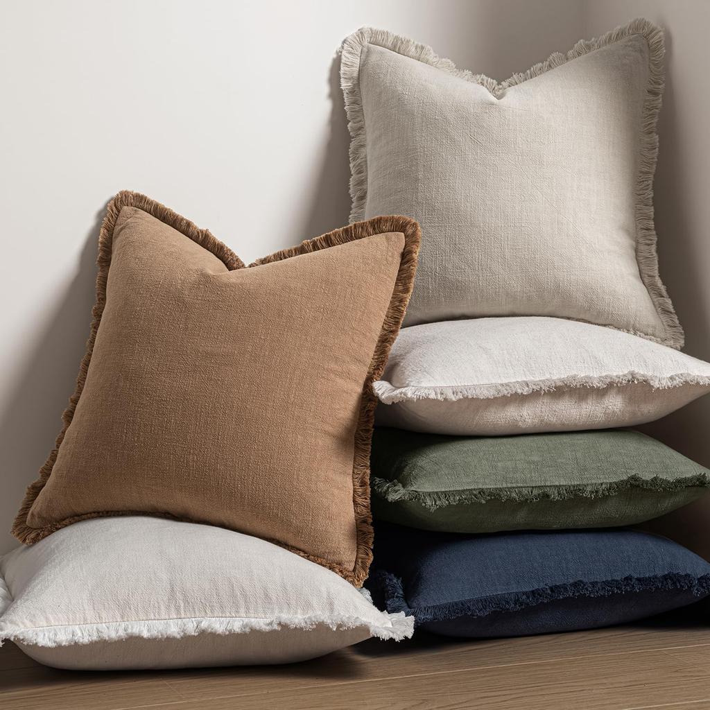 Decorative Linen Fringe Throw Pillow Cover Boho Farmhouse Cushion Cover with Tassels Soft Accent Pillowcase for Living Room Home