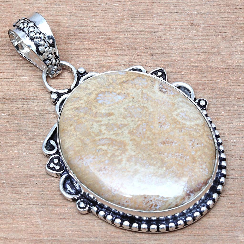 Pendant Fossil Coral Gemstone Valentine'Day Gift Silver Jewelry 2"