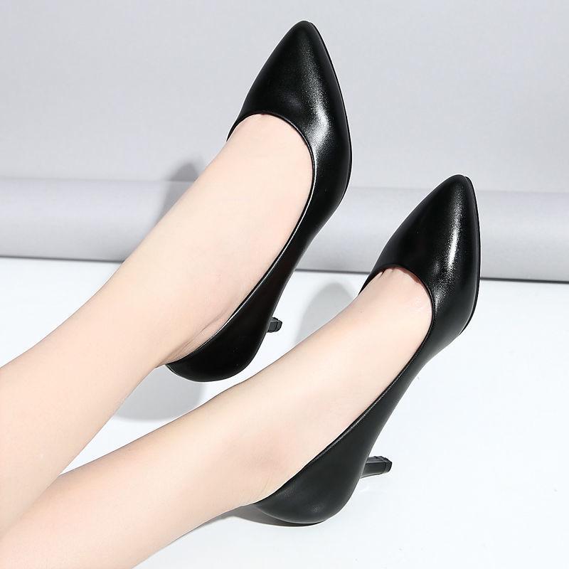 Comfortable Four-Season Leather Stiletto and Block Heel Stewardess Work Shoes for Women