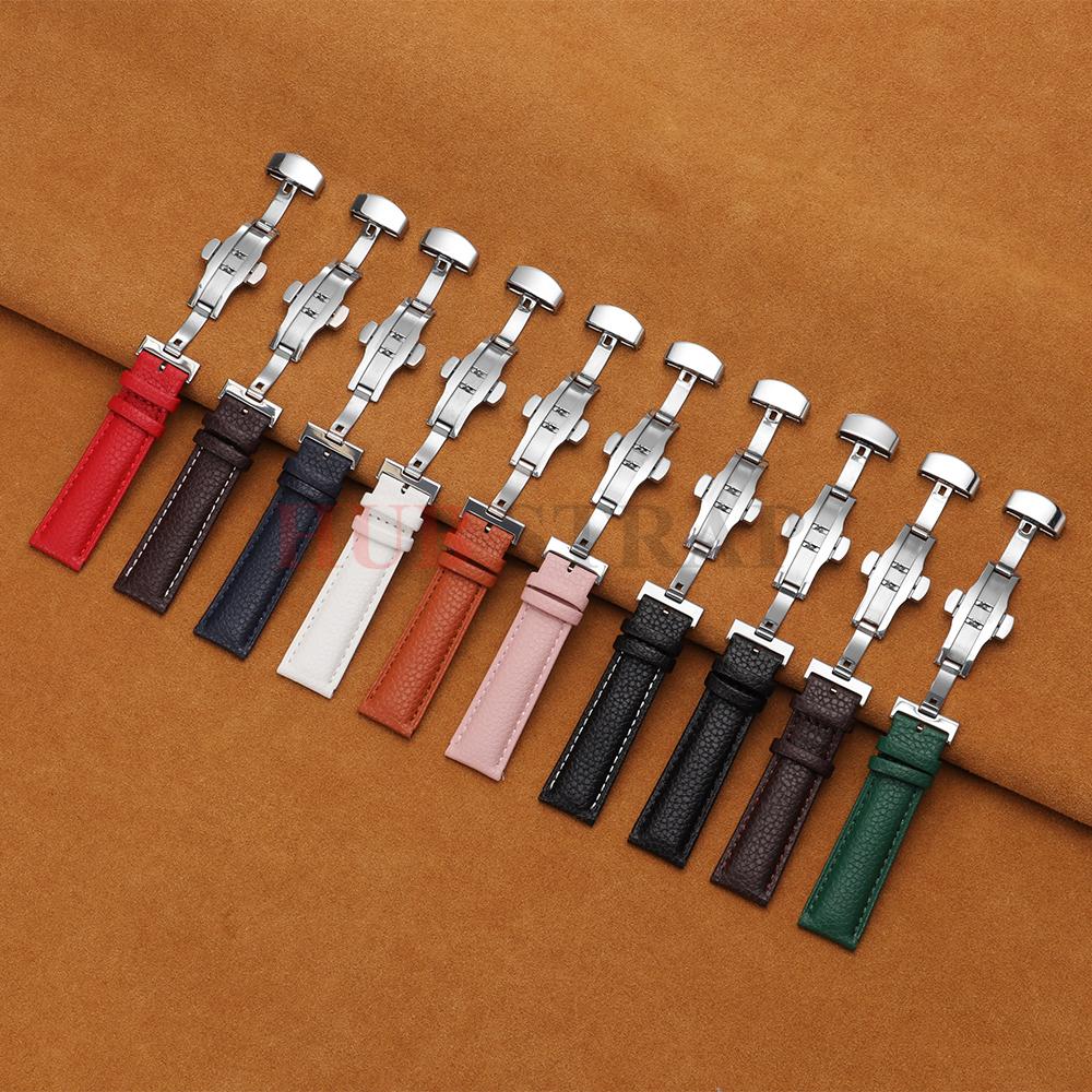 12/14/16/18/19/20/22mm Kalvskinnsklockarmband Litchimönstrad Rem Äkta Läder Armbandsurrem Fjärilsspänne Klocktillbehör