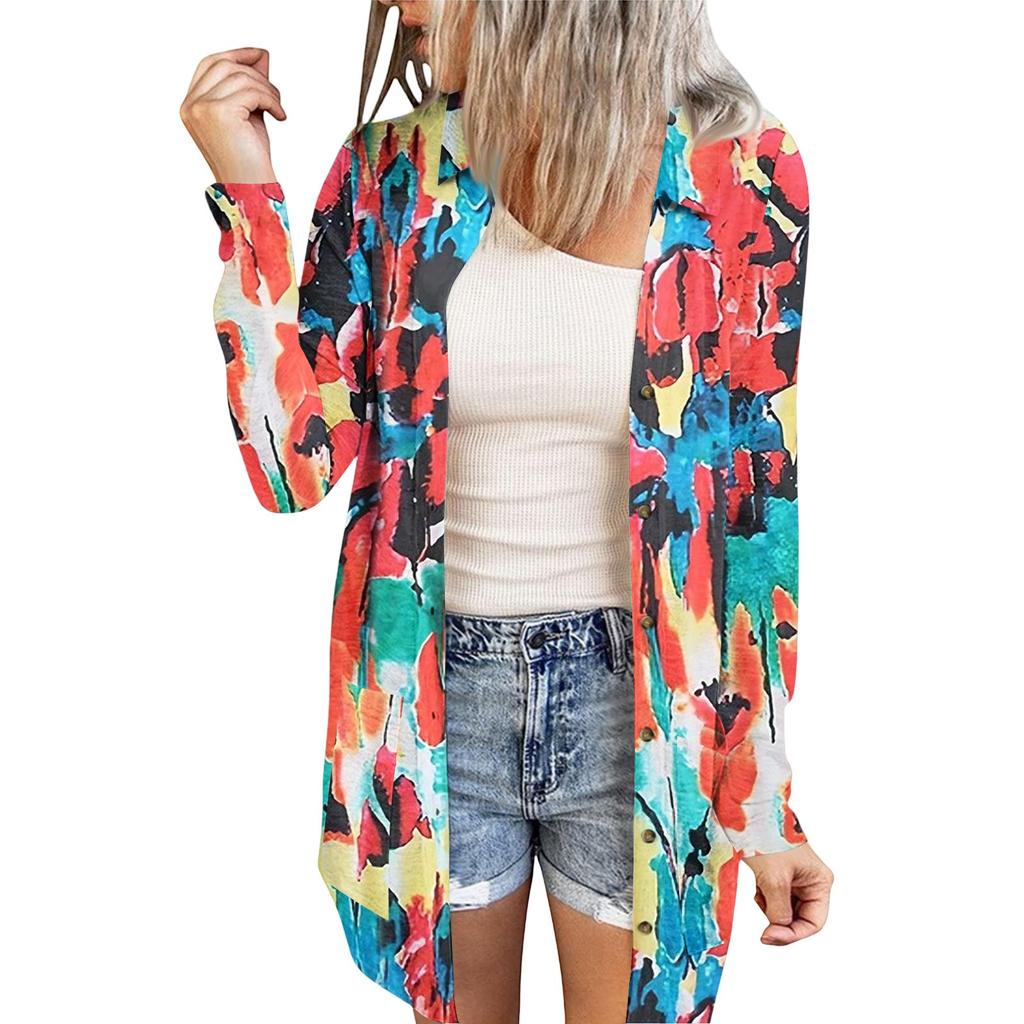 Women's Casual Fashion Floral Print Long Sleeve Mid-Length Cardigan Jacket
