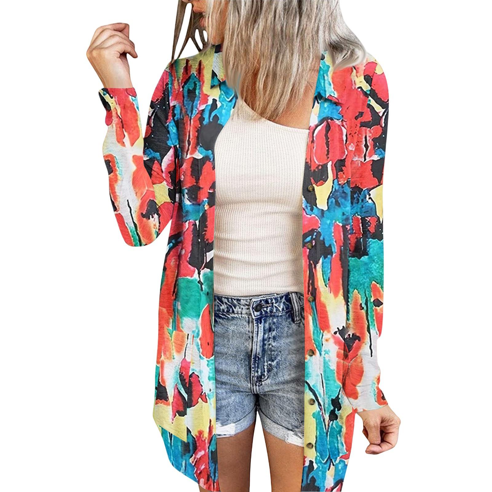 

Женский повседневный модный кардиган-жакет средней длины с длинными рукавами и цветочным принтом XXL циан