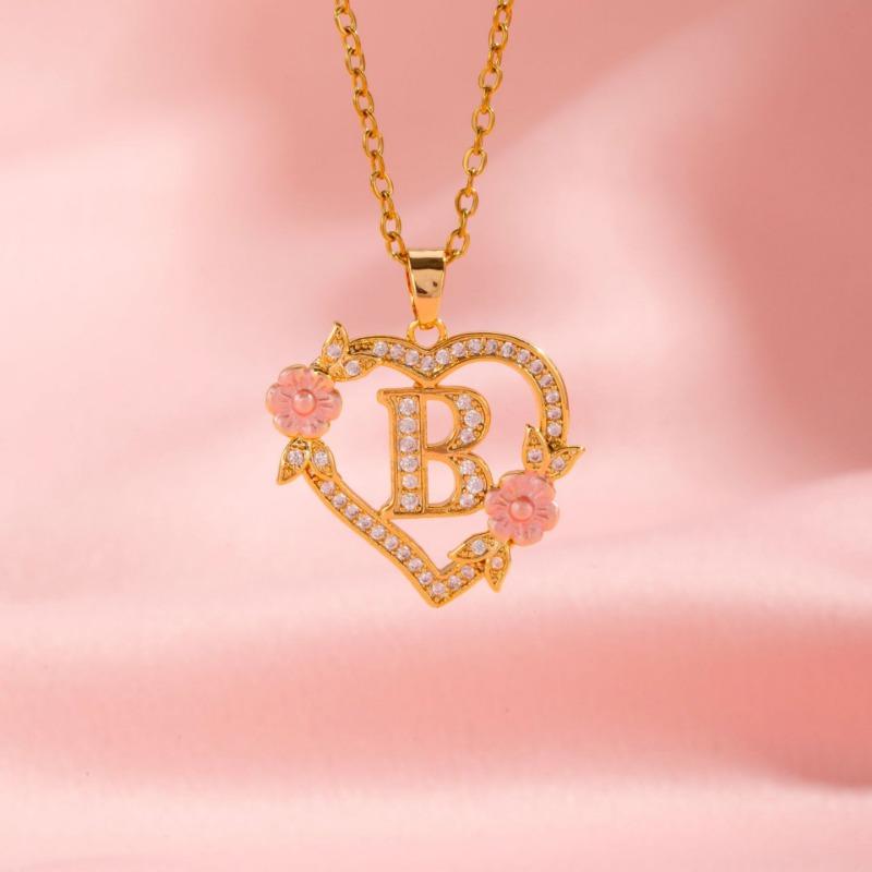 Gold Heart Initial Letter A Flower Crystal Pendant Necklace For Women