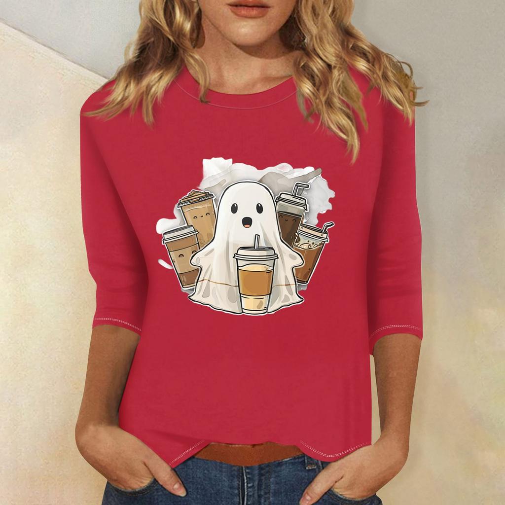 Dame Mote Casual Trekvartsermet Halloween Trykket Rund Hals Topp