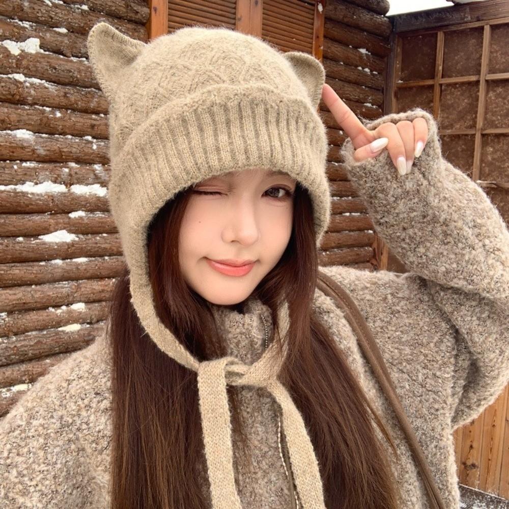 Warm Knitted Cat Ear Knit Hat Windproof Head Cover Korean Style Soft Beanie Winter Commuting