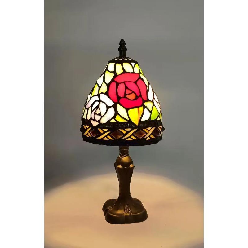 Kleine Tischlampe Dekoration Schlafzimmer Retro Buntglas Form Licht Tiffany Stil vierblättriges Kleeblatt Rose Blume Design 8" Zimmer