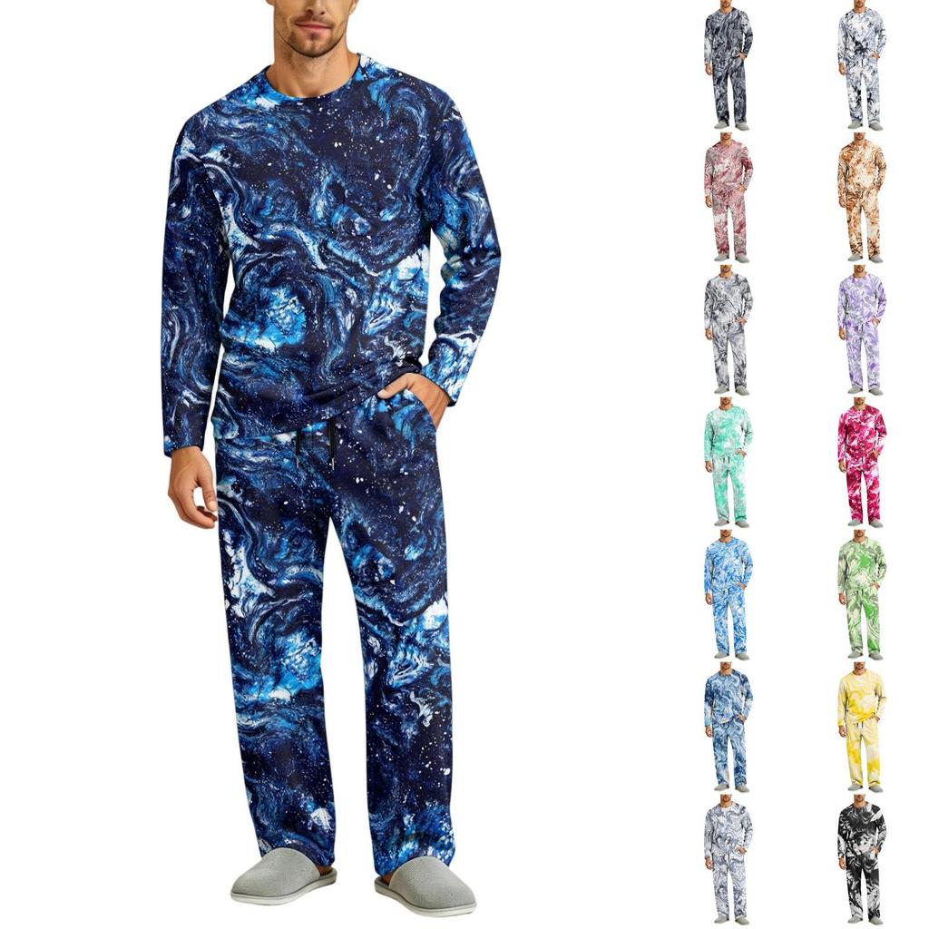 Men's Pajama Set Long Sleeve Top and Long Pants with Button Crotch and Elastic Drawstring Waist for Home Loungewear
