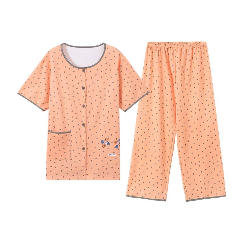 New pajamas women's summer short-sleeved cropped pants two-piece set plus size crew neck cardigan floral loungewear
