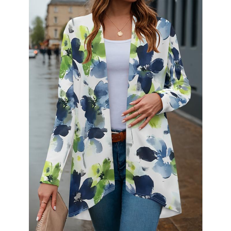 2025 Fashion Women's Flowers Printed Long Sleeve Cardigan, Polyester Open Front, Lightweight Cover Up, Spring Autumn Casual Coat