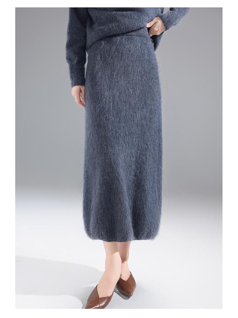 Autumn/Winter 100% Wool Solid Color Women's Slimming Midi Knitted Skirt