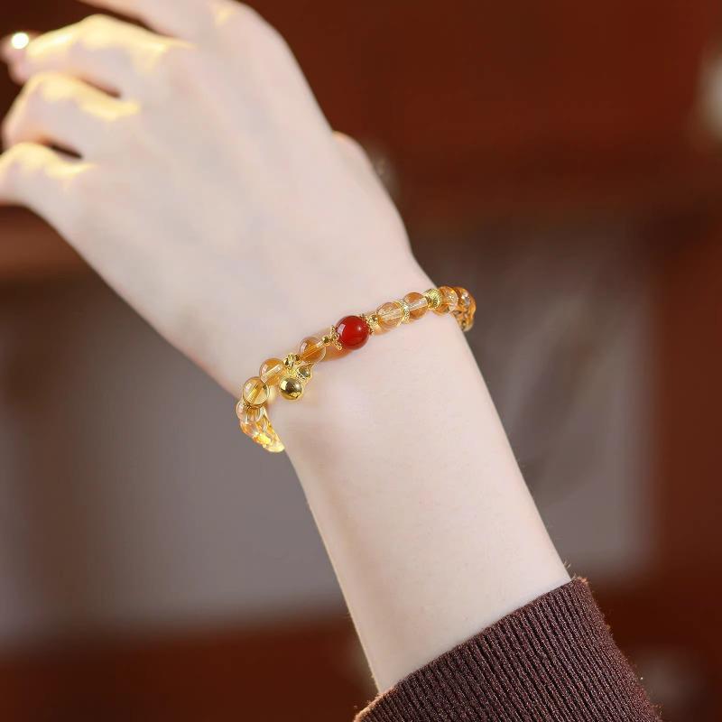 Golden Amber Flowing Light Natural Yellow Crystal Bead Bracelet with Red Agate Gourd Pendant, Exquisite and Luxurious for Women