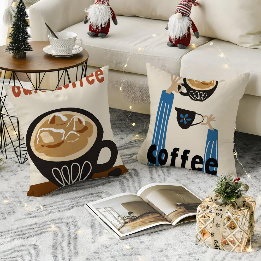 Creative Coffee Illustration Cushion Cover Breathable Linen Pillow Cover Skin-Friendly Home Decor Pillowcase With Hidden Zipper