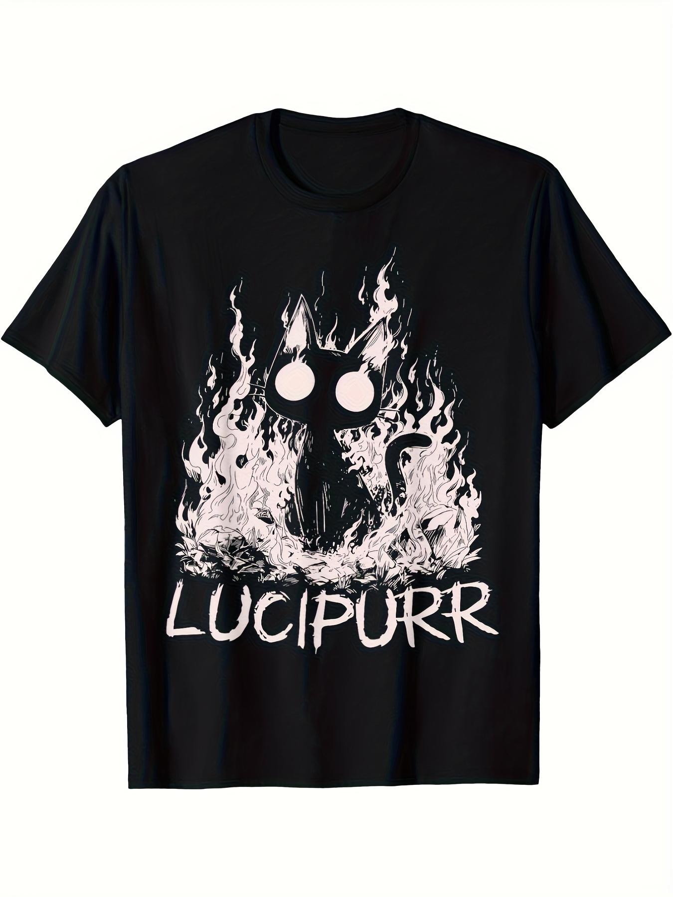 

Men s Retro Gothic Style Lucipurr Cat Flame Pattern T-Shirt- Soft Breathable Crew Neck T-Shirt with Black and White Gothic Letters and Lucipurr Design S разноцветный