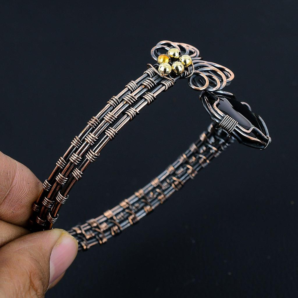 Black Onyx Bangle, 999 Copper Wire Wrapped Gemstone Jewelry, Handmade Bangle For Thanksgiving