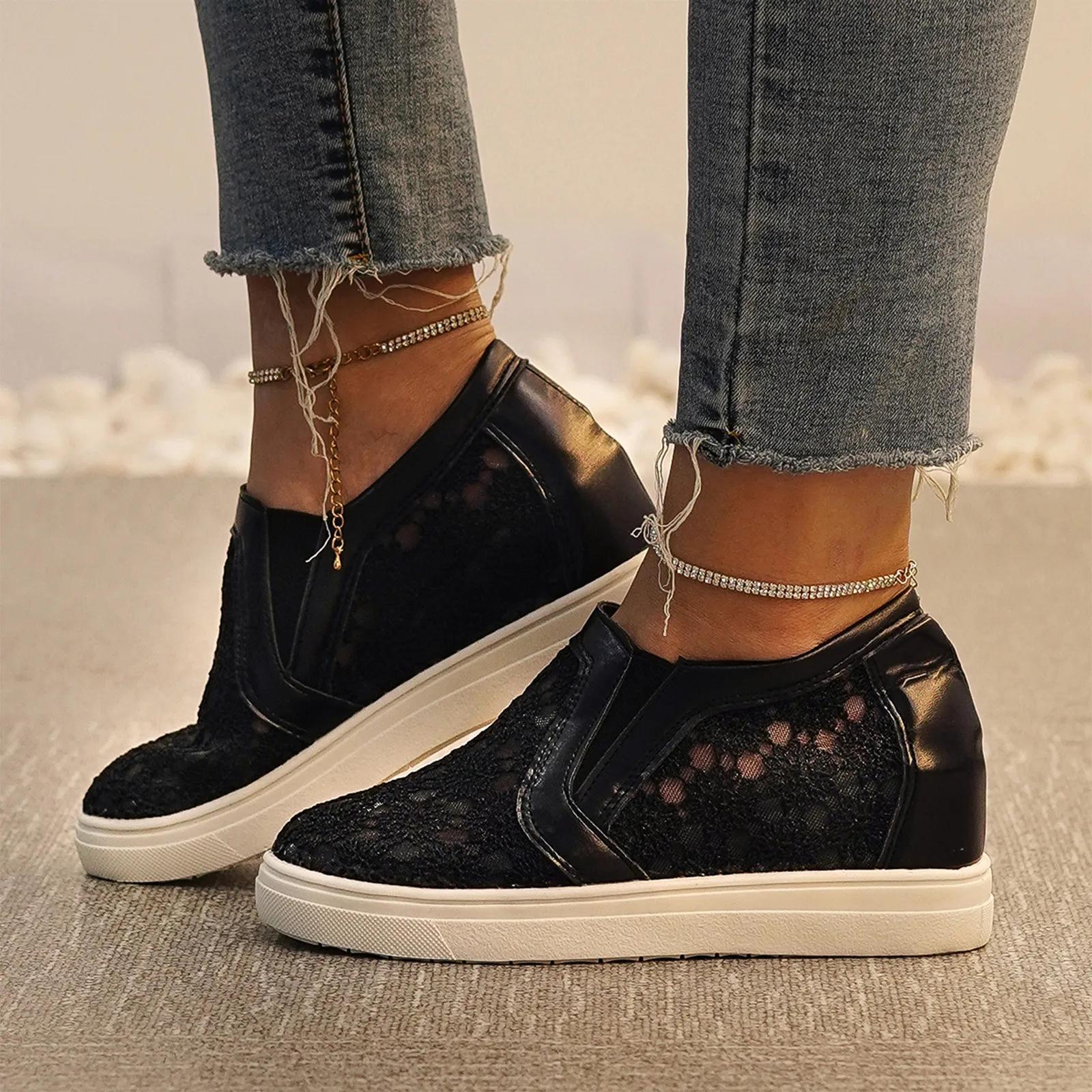 

Женские туфли в стиле пэчворк с кружевными цветами, весенне-летние туфли на танкетке с высоким каблуком для женщин, модные белые дышащие кроссовки, мокасины 35 чёрный