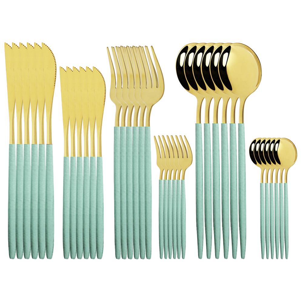 36Pcs Stainless Steel Mint Gold Dinnerware Set Dessert Knife Cake Fork Coffee Spoon Cutlery Set Kitchen Tableware Silverware Set