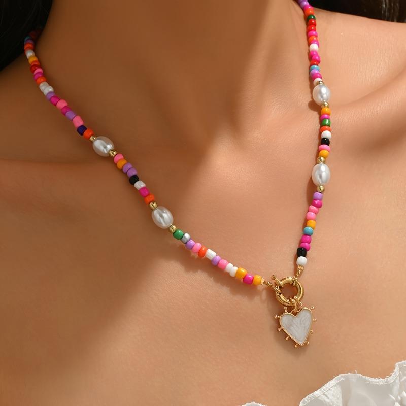 1pc Bohemian Color Bead Chain Fashion Necklace with White Heart-shaped Pendant Jewelry for Women Valentine's Day AccessoriesGood Product