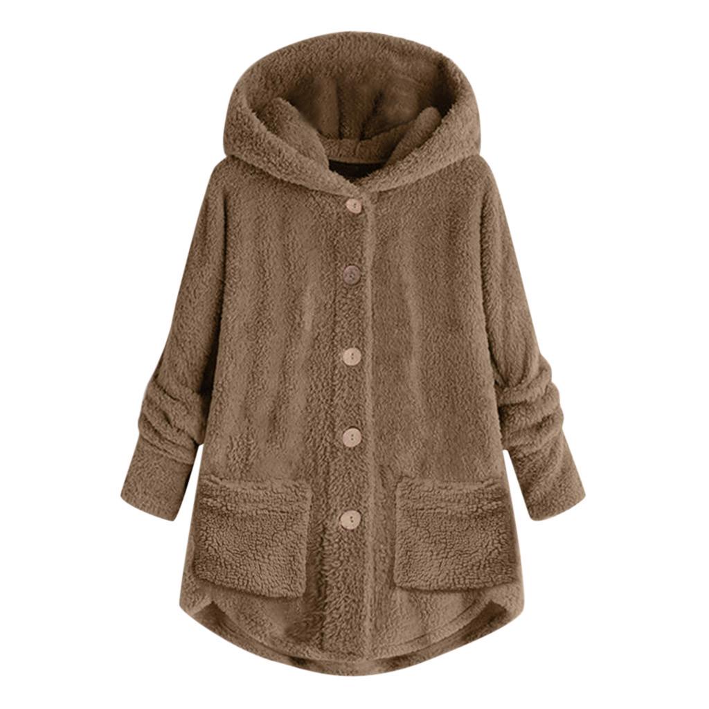 Women Plus Size Button Plush Tops Hooded Loose Cardigan Wool Coat Winter Jacket