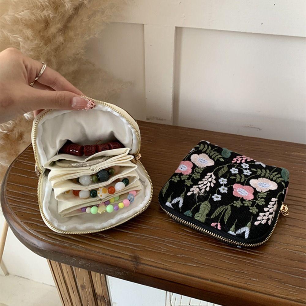 Multi-Layered Embroidered Jewelry Storage Bag Cotton Linen Women's Wallet Ring Pendant
