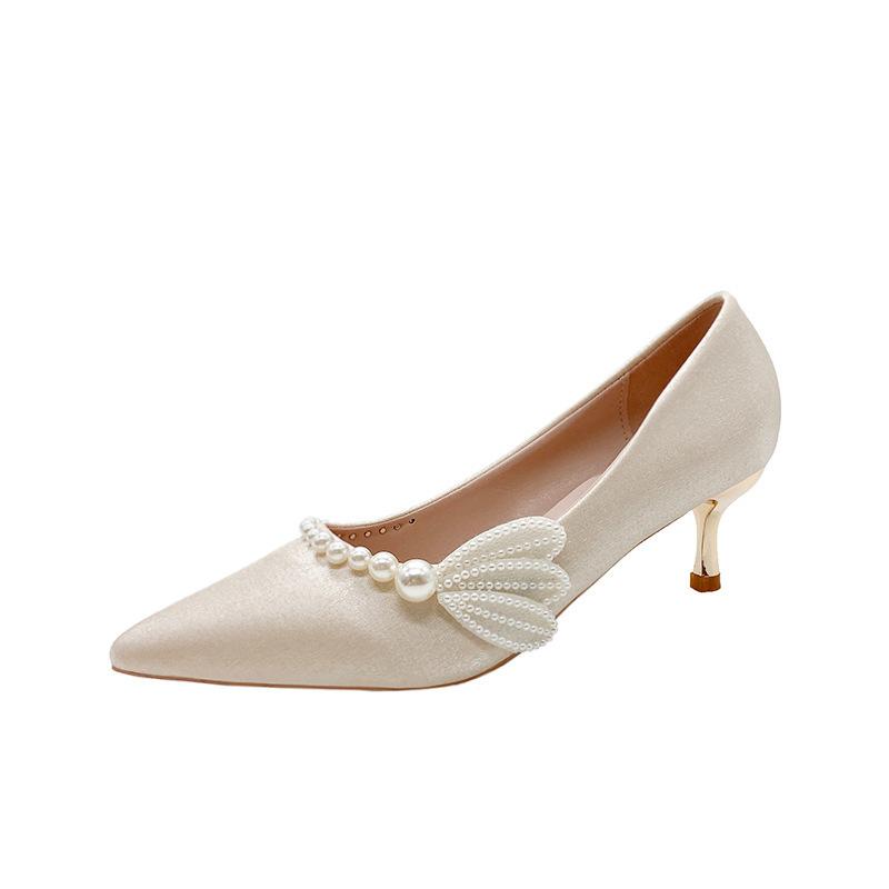 Pearl bridal high heels 2025 new pointed show clothes wedding shoes pregnant women are not tired feet Chinese wedding shoes women
