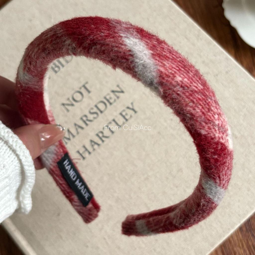 Women's Red Plaid Wool Wide-Brimmed Headband - Perfect for Christmas & New Year Outings