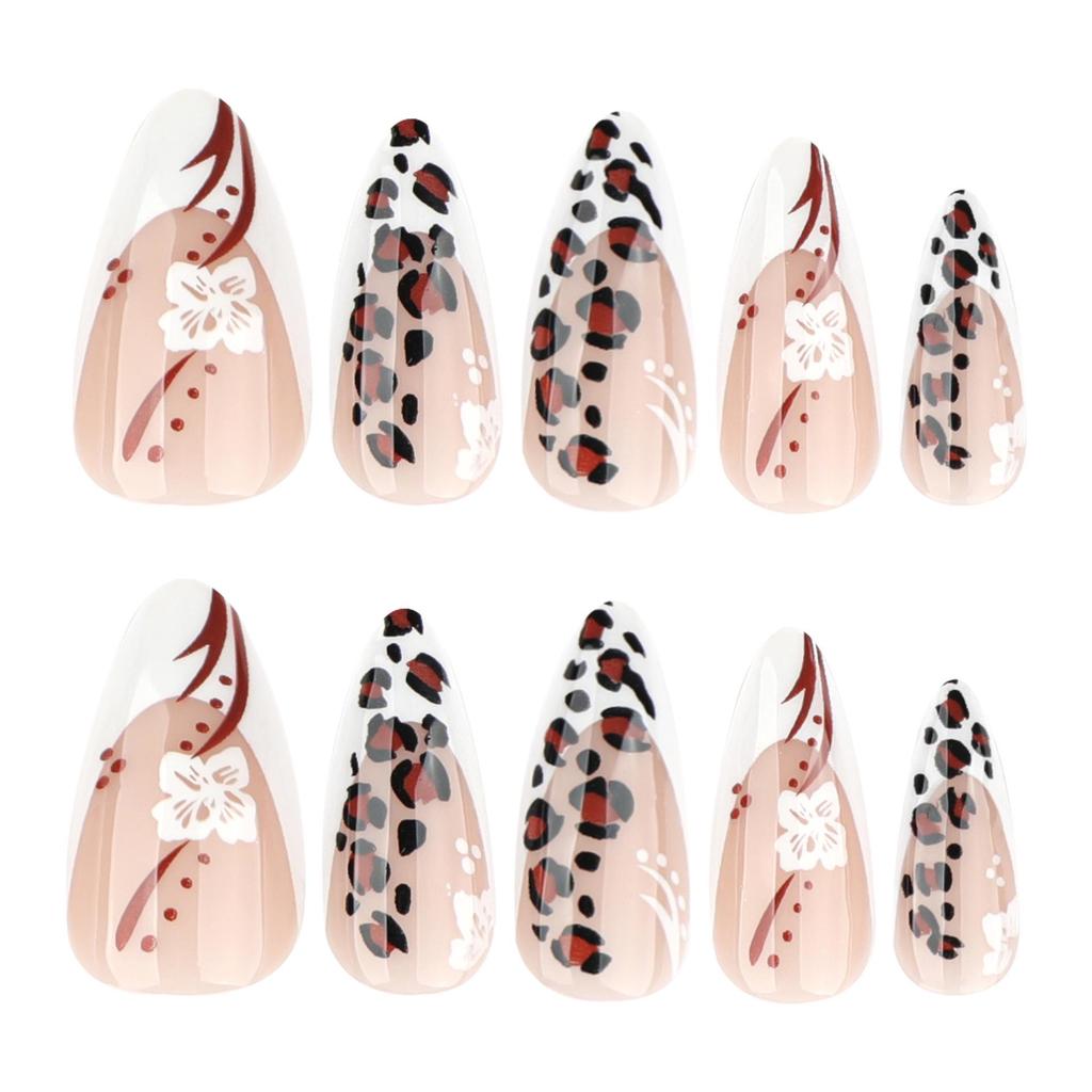 Leopard Print Almond Fake Nails with French White Flowers