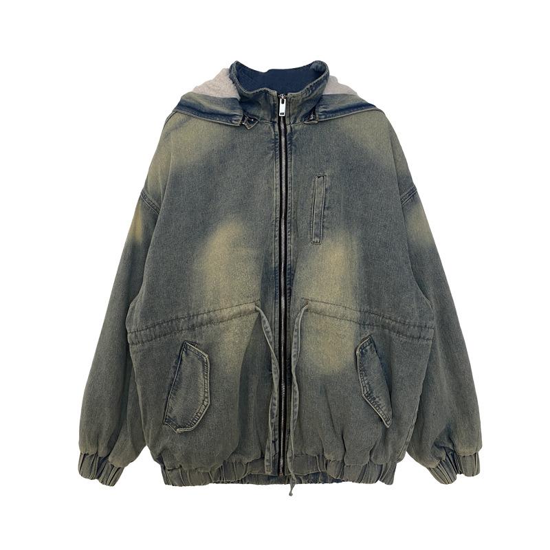 Retro Washed Hooded Denim Coat for Women Fall and Winter Blue