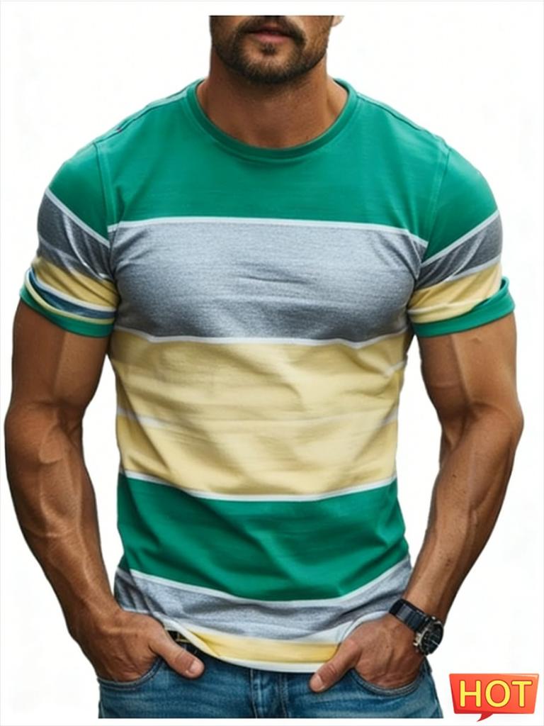 Summer Simple Striped Graphic T Shirts For Men Fashion Short Sleeve 3D Printed Crew Neck T-shirts Loose Breathable Top