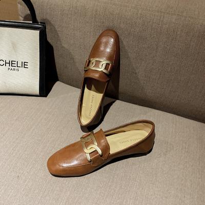 Leren instappers dames plat bruin retro enkele schoenen Britse stijl herfst lage hak één pedaal ronde neus kleine leren schoenen