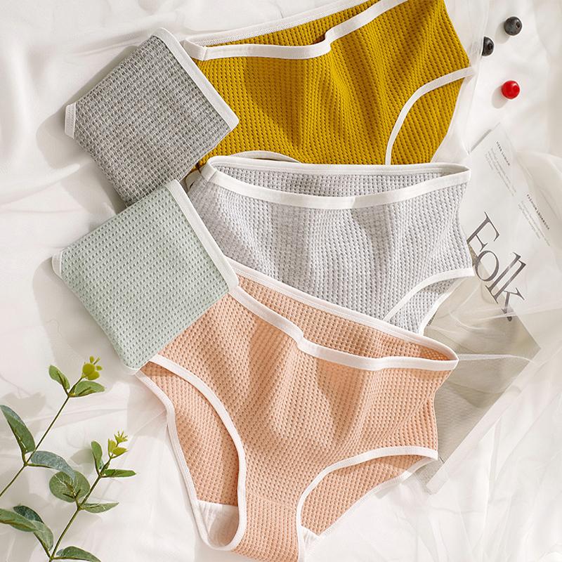 2Pcs/Set Women Cotton Waffle Grid Panties Fashion Solid Low Waist Briefs Female Korean Style Underwear Soft Breathable Lingerie