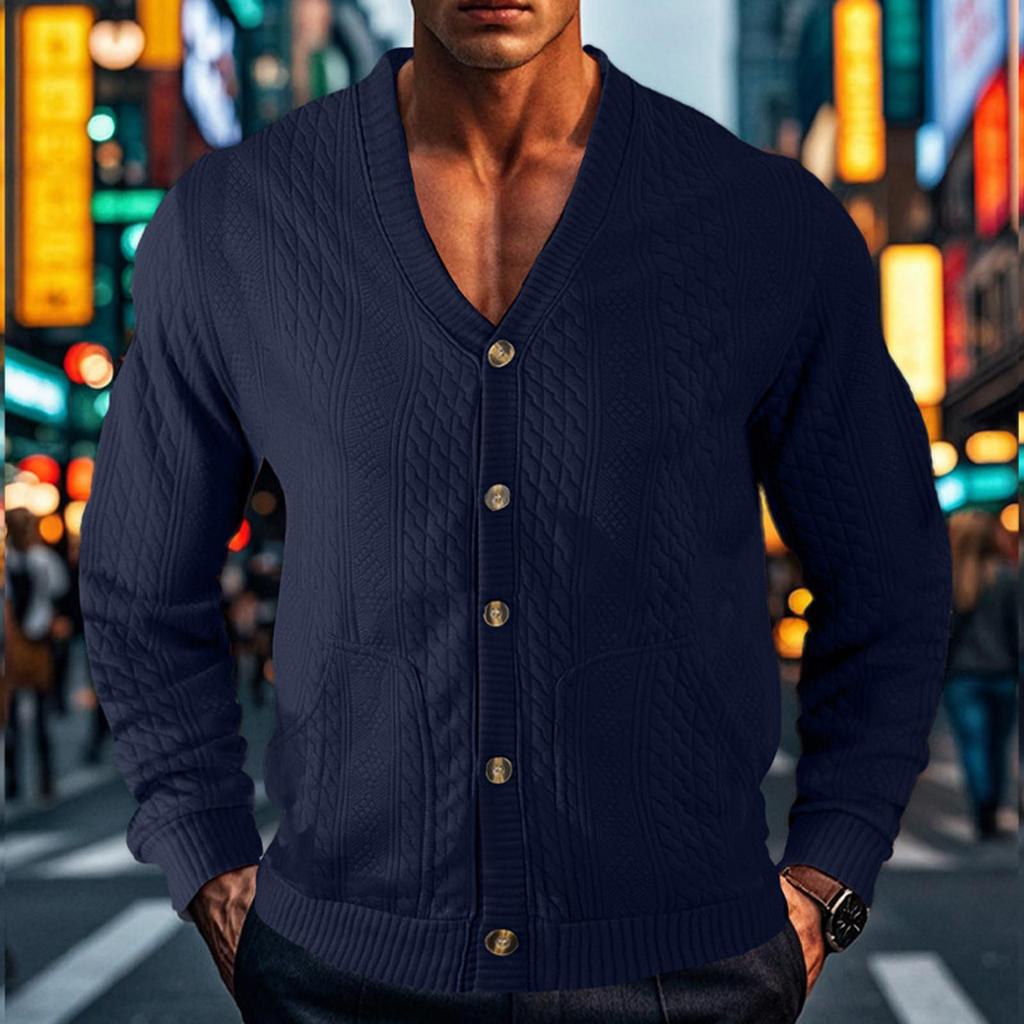 Men'S Solid Color Fashionable Cardigan Buckle Knit Casual Jacket