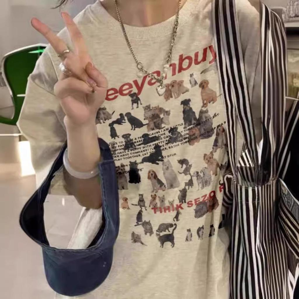 Plussstørrelse Tegneseriekatt og Valp Kortarmet T-skjorte - Dame Løs Hong Kong Chic Stil Sommeroverdel