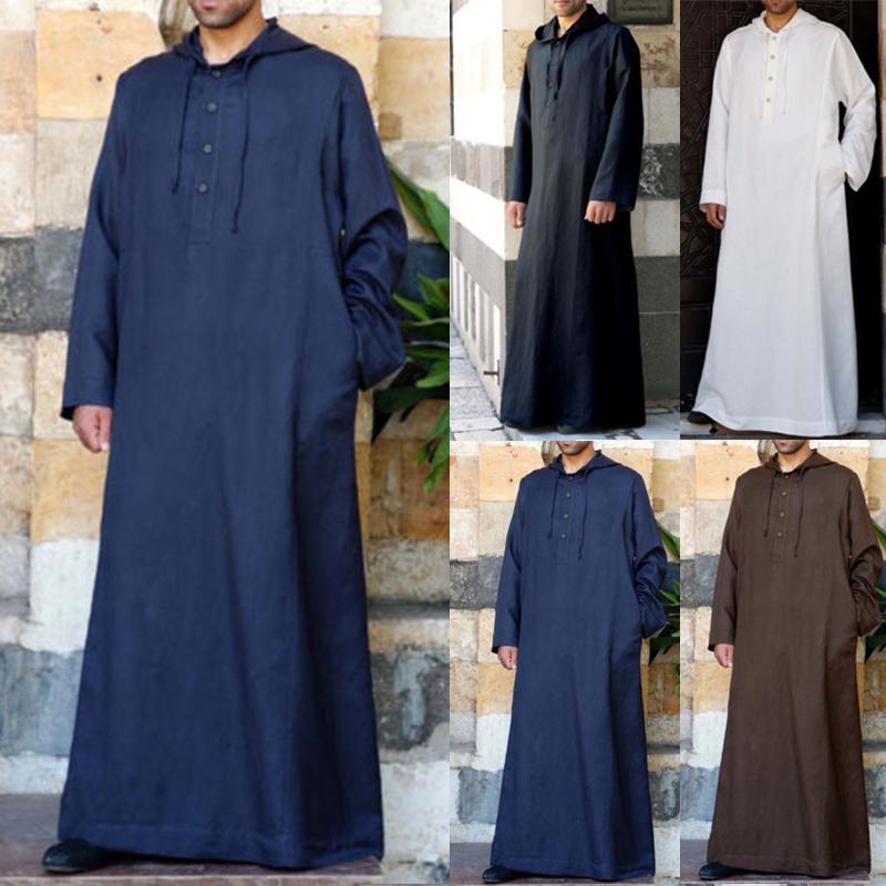 Men/'s Long Sleeve Saudi Jubba Dishdash Hooded Thobe Islamic Arab Kaftan Long Top
