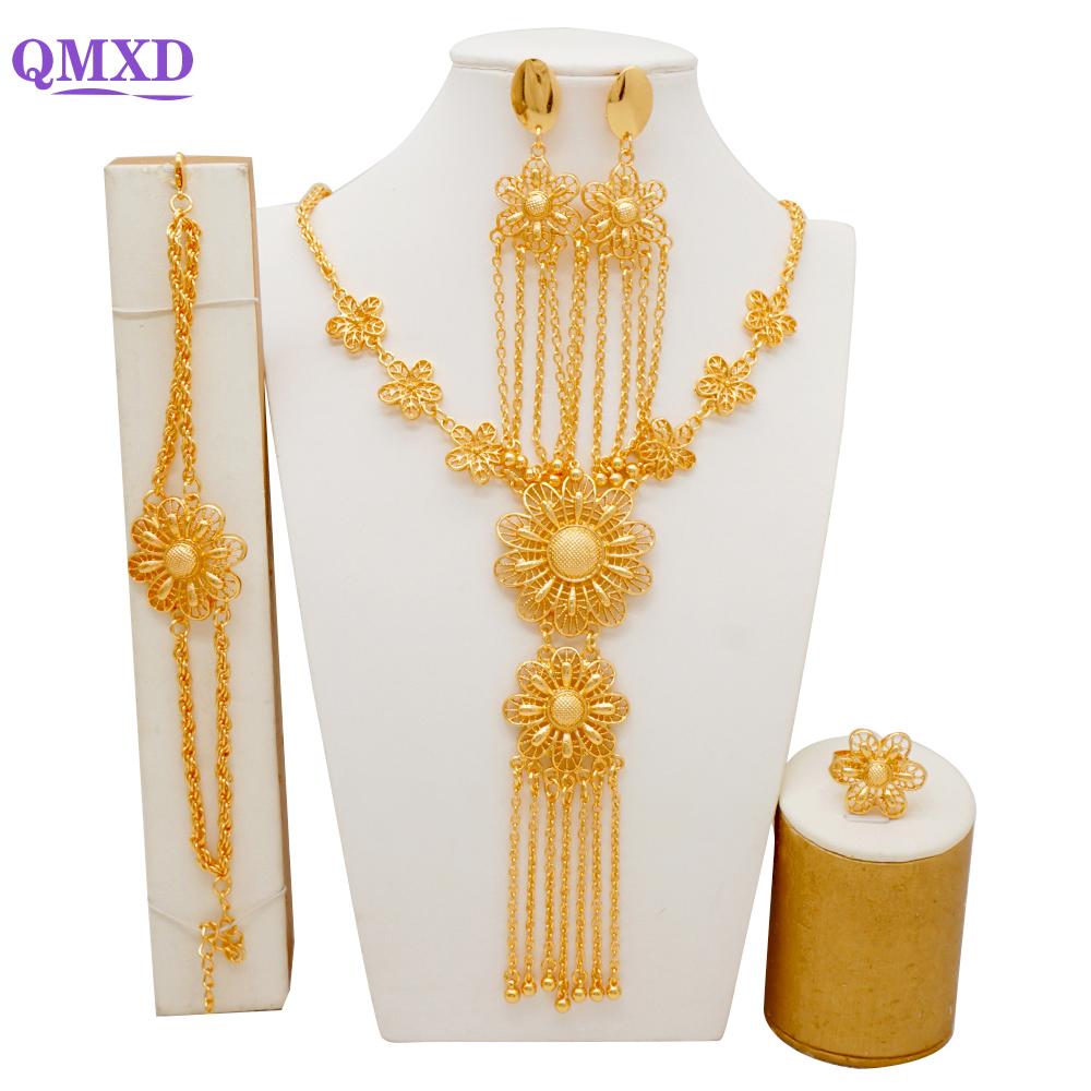 Set de bijuterii de culoare aurie din Dubai indian pentru femei Set de colier lung de mireasă, colier nigerian, bratara, cercei, seturi de inele