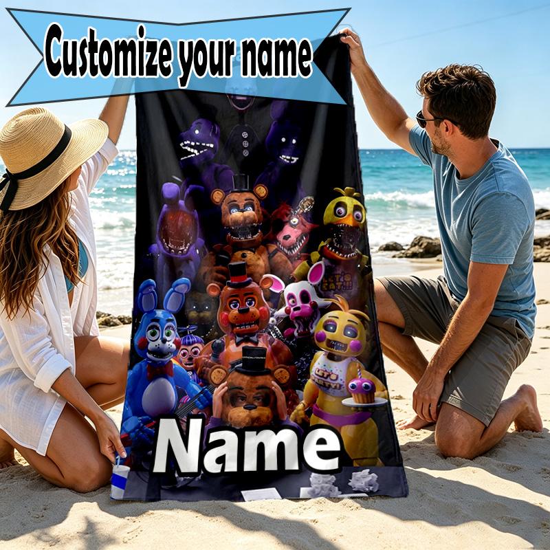 Custom Name Personalized Five Nights At Freddy's Print Beach Towel, for Trip Camping Beach Party Home Decor, Birthday Gift for Family & Friends