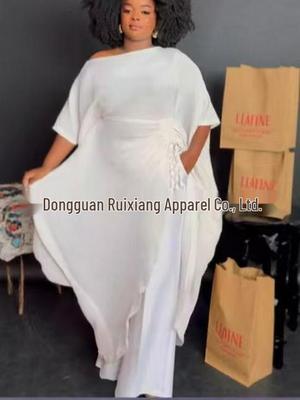 Miayki Batwing Sleeve Drawstring Two-Piece Set: Loose, Solid Color, Fashionably Slimming, Plus Size with Pleated Wide Leg Pants