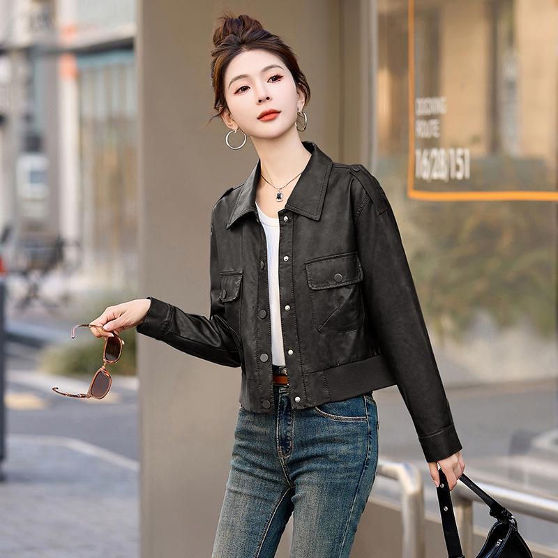 Women's Retro Genuine Leather Motorcycle Jacket, Spring/Autumn 2025 Fashion, Solid Color, Loose Fit, Short Style.
