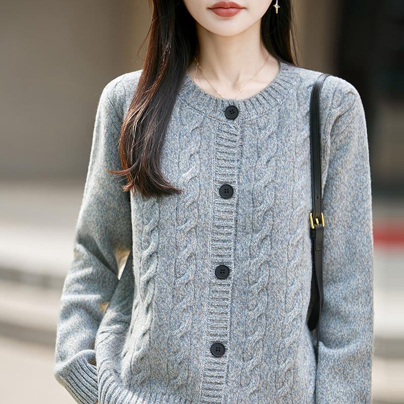 2026 Autumn/Winter Women's Cashmere Wool Cable Knit Cardigan, Round Neck, Long Sleeve, Loose Heather Yarn Sweater