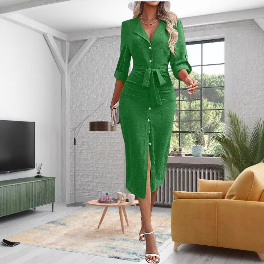 Women's New European and American Solid Color Lapel Waist Elegant Style Temperament Commuter Split Dress Women