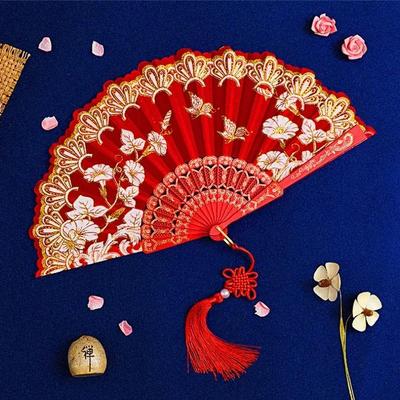 1 szt. Chiński starożytny styl kwiatowy damski składany wachlarz z frędzlem Hanfu Cheongsam wachlarz do tańca rekwizyty do zdjęć letni wachlarz ręczny