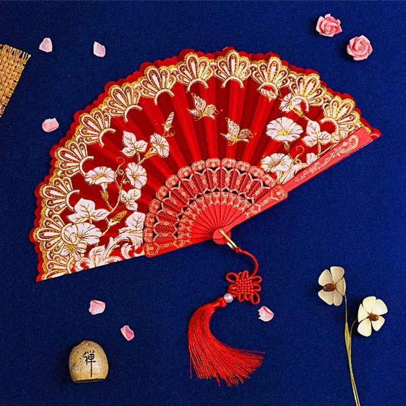 1Pc Chinese Ancient Style Flower Women Folding Fan with Tassel Fringe Hanfu Cheongsam Dance Fan Photo Props Summer Handheld Fan
