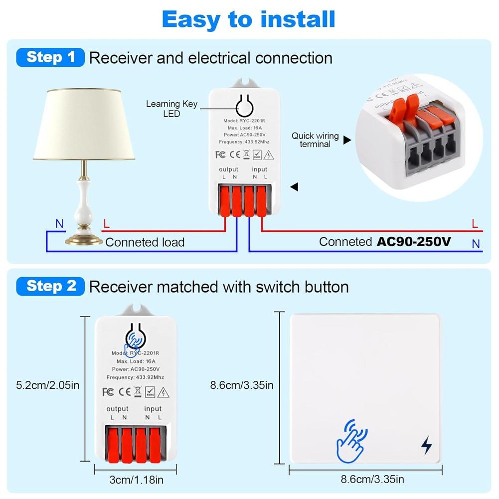 Wireless Light Switch Kit Featuring 86 Wall Panel and 16A Relay Receiver Supporting Multiple Wireless Switches for Shared Use